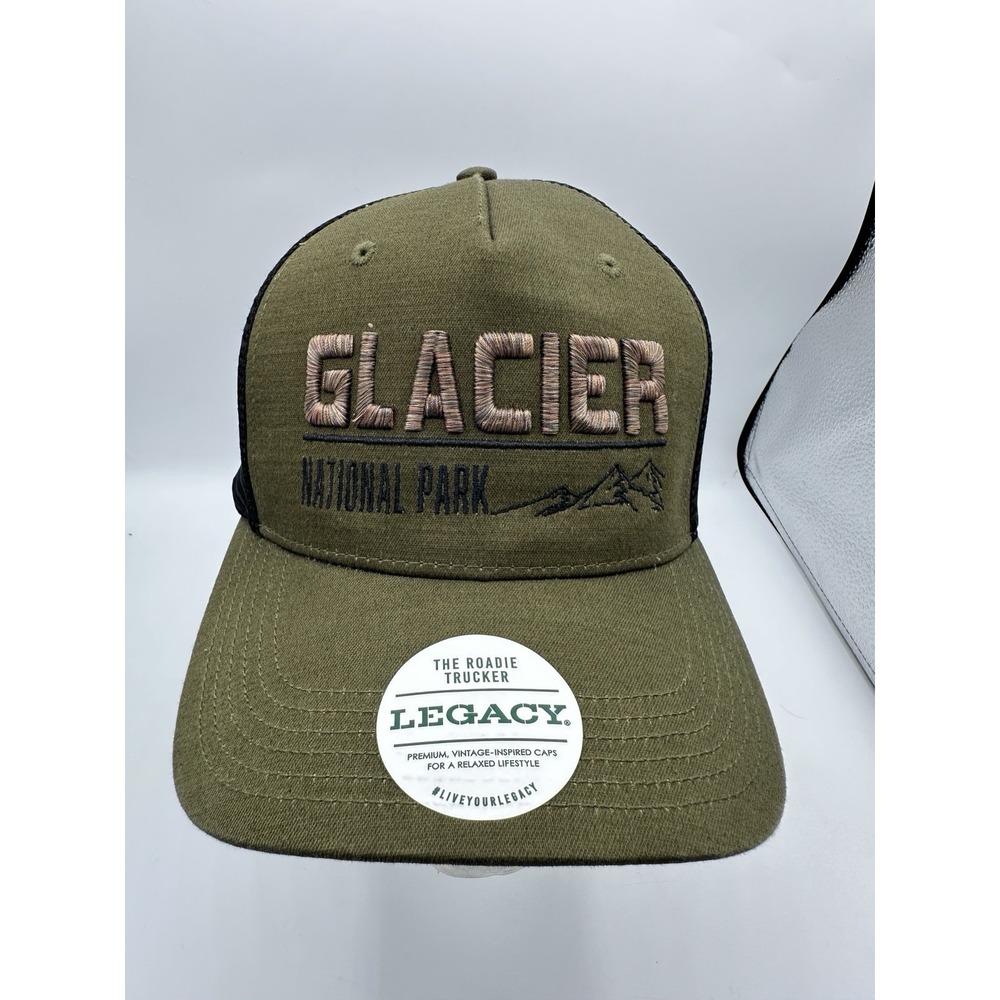 Glacier National Park Hat Legacy Roadie Trucker Snapback Olive Green Black